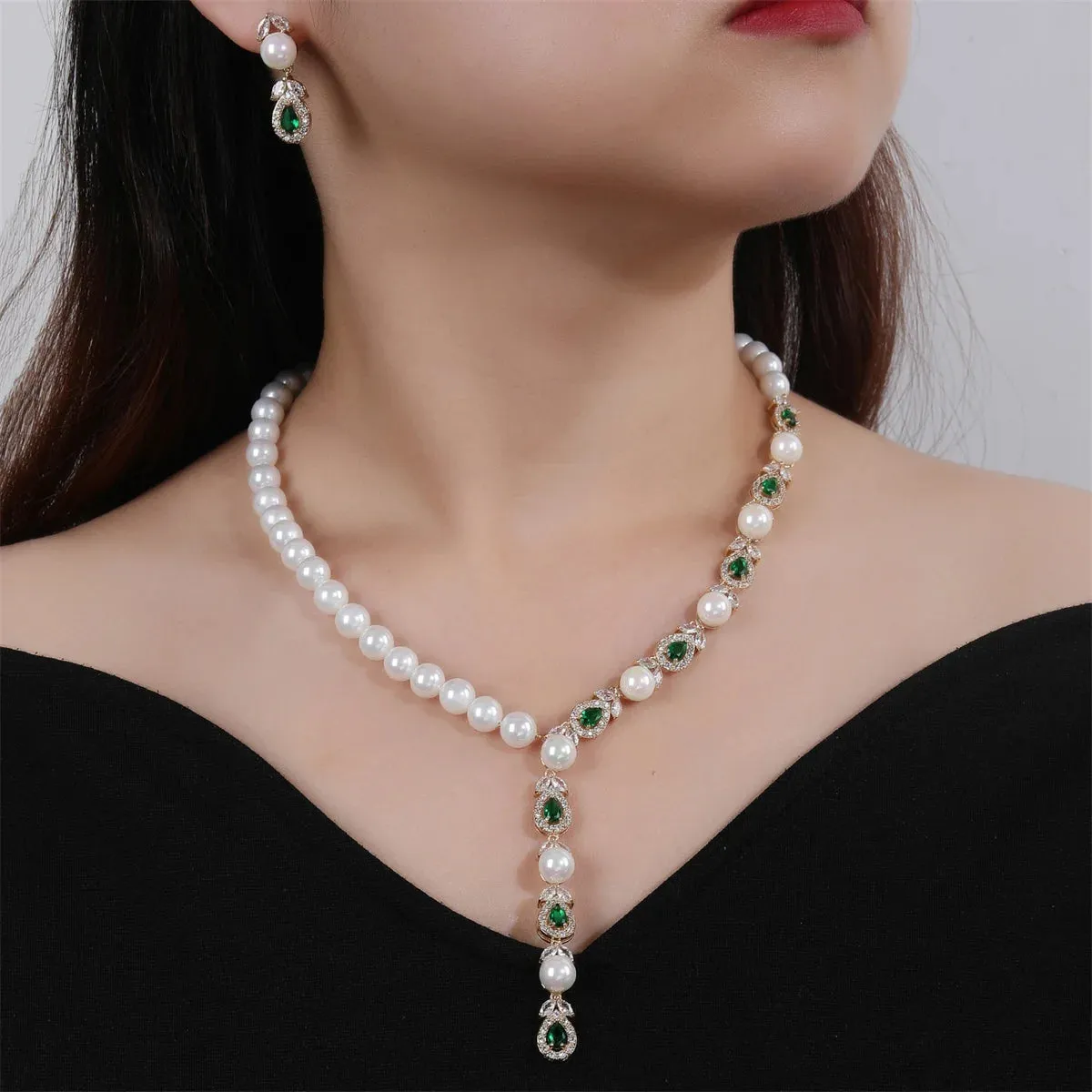 Fashion Women Green Crystal Pearl String Bridal Jewelry Sets Earrings Necklace Wedding Jewelry Accessories Set CN11024