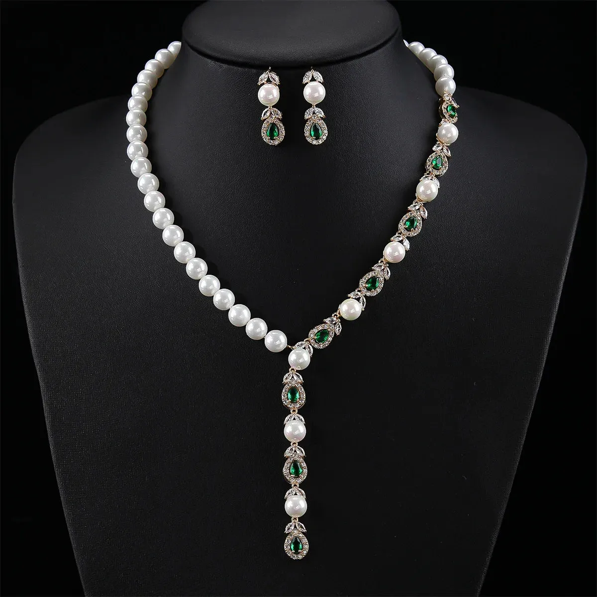 Fashion Women Green Crystal Pearl String Bridal Jewelry Sets Earrings Necklace Wedding Jewelry Accessories Set CN11024