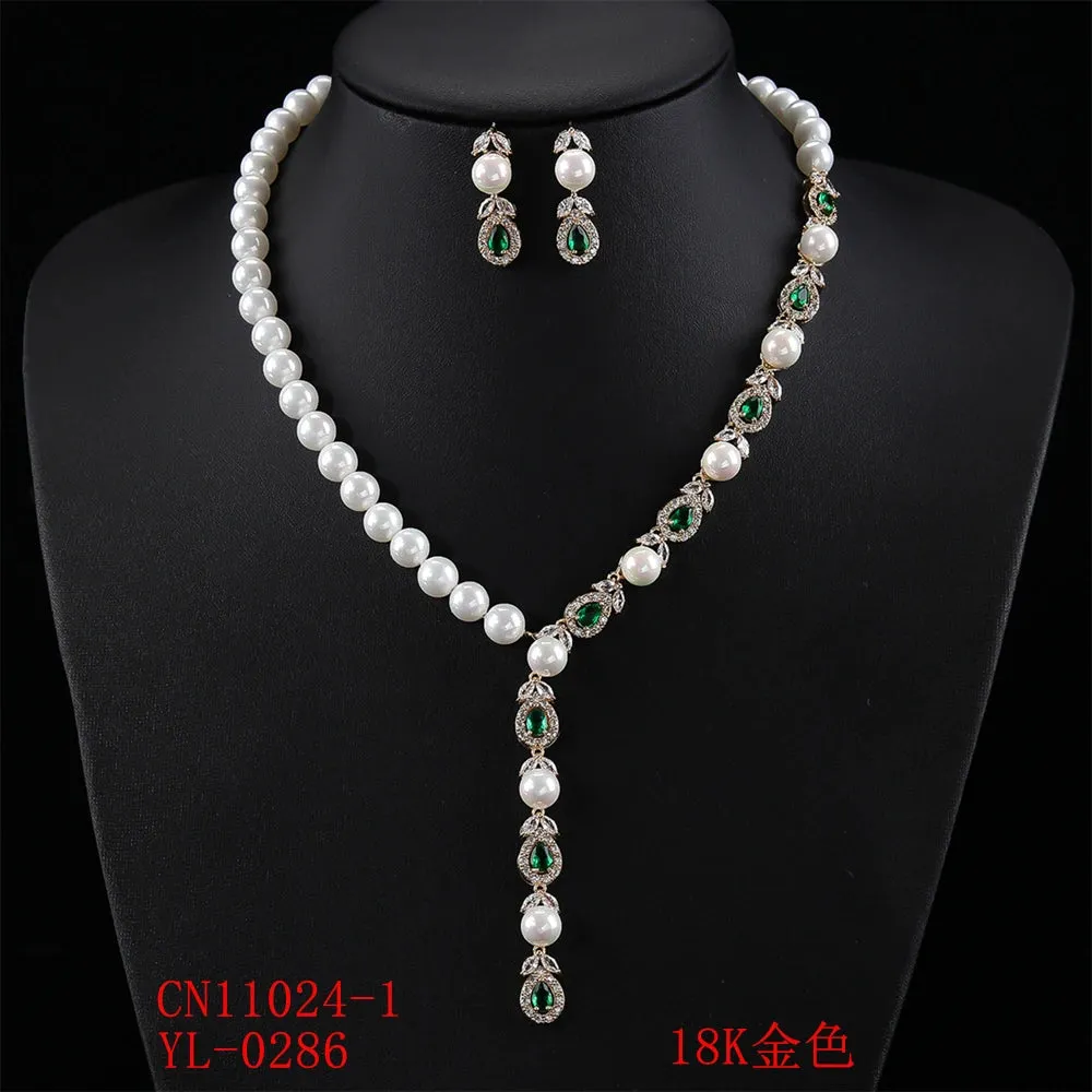 Fashion Women Green Crystal Pearl String Bridal Jewelry Sets Earrings Necklace Wedding Jewelry Accessories Set CN11024