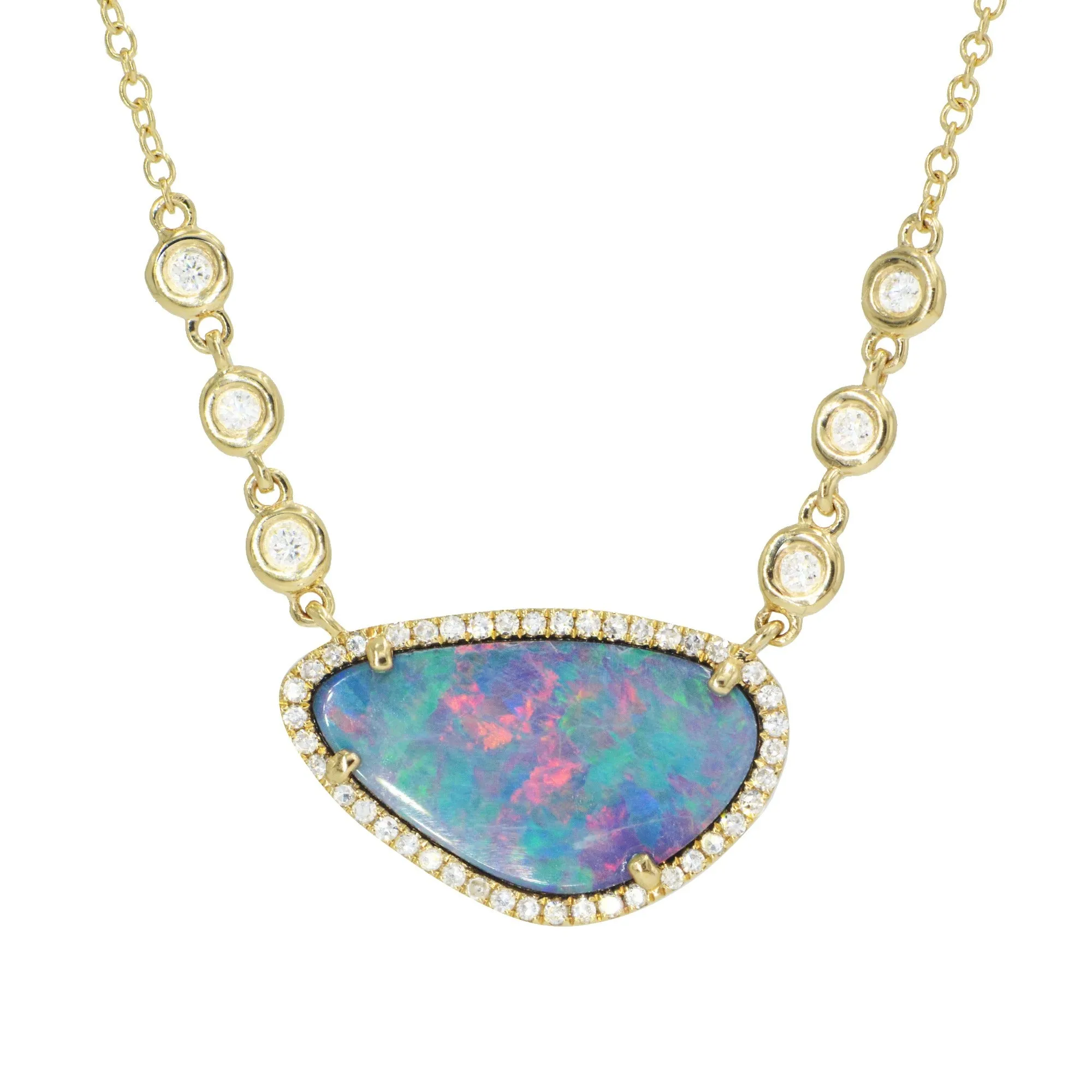 Fire Boulder Opal Necklace With In-Line Diamonds - Indigo