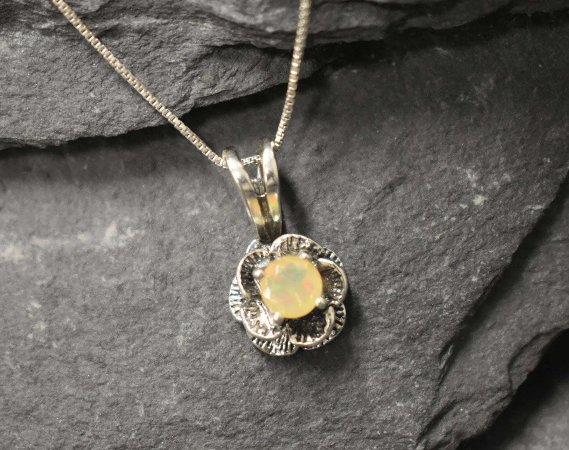 Fire Opal Pendant - White Flower Necklace - October Birthstone Necklace