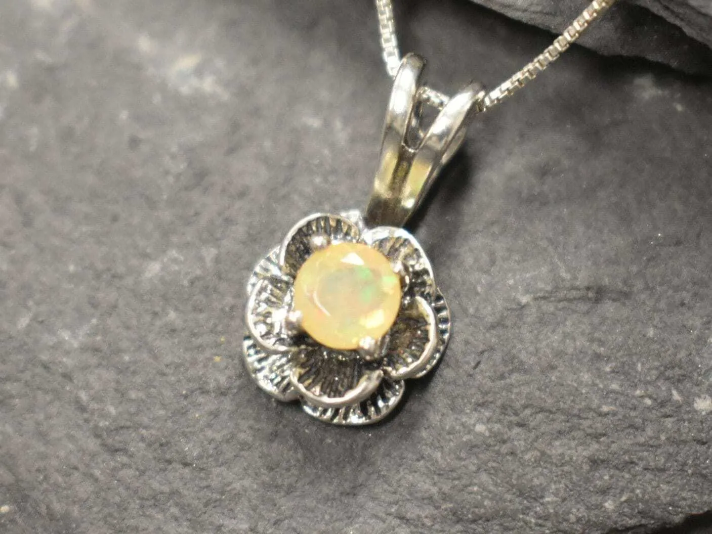 Fire Opal Pendant - White Flower Necklace - October Birthstone Necklace