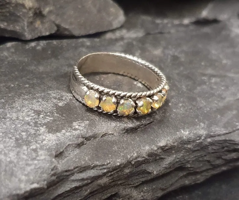 Fire Opal Ring - Eternity Opal Band, October Birthstone Ring