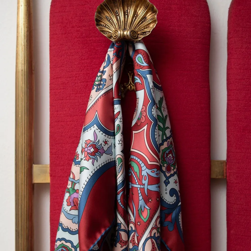 Flora Red and Light Blue Silk Scarf