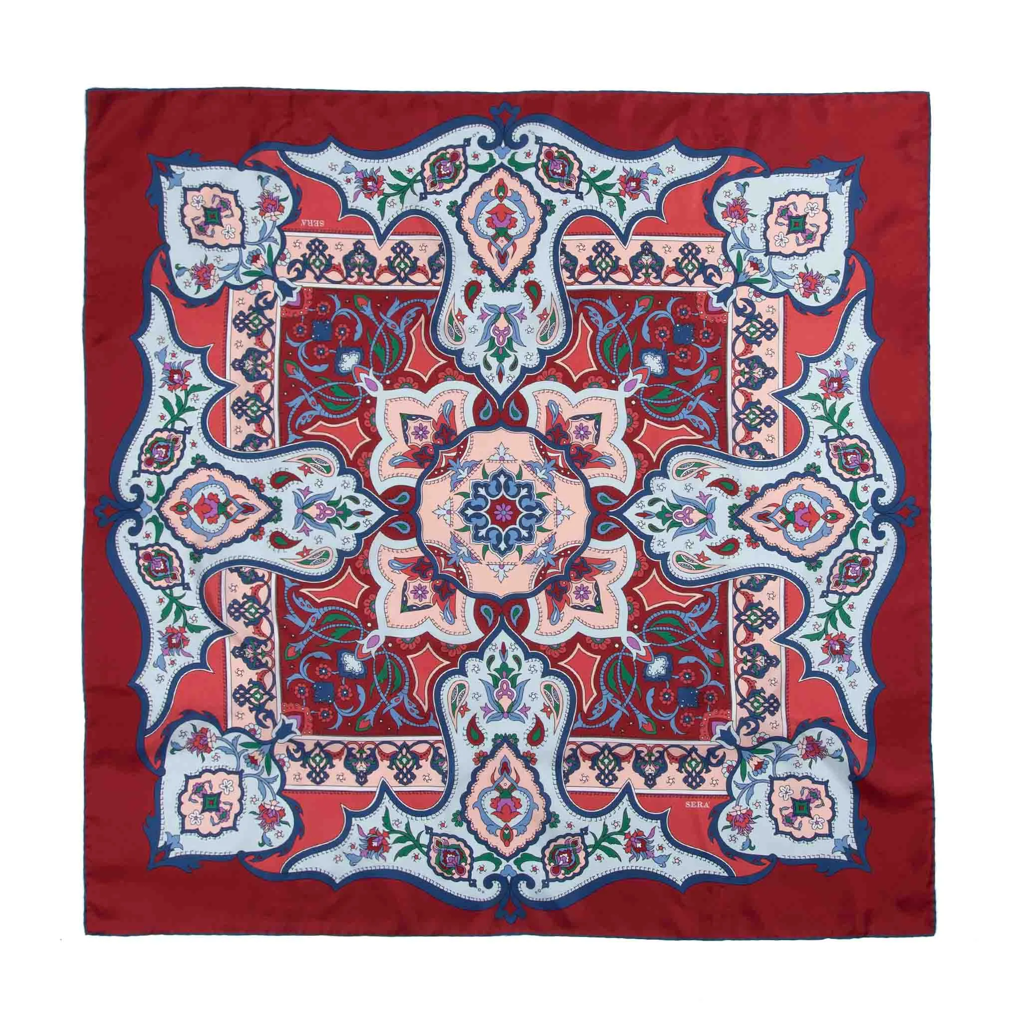 Flora Red and Light Blue Silk Scarf