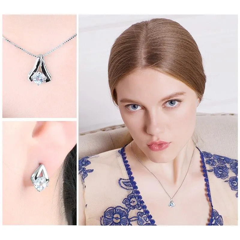 Genuine Sky Blue Topaz Pendant Necklace and Stud Earrings Women Jewelry Sets