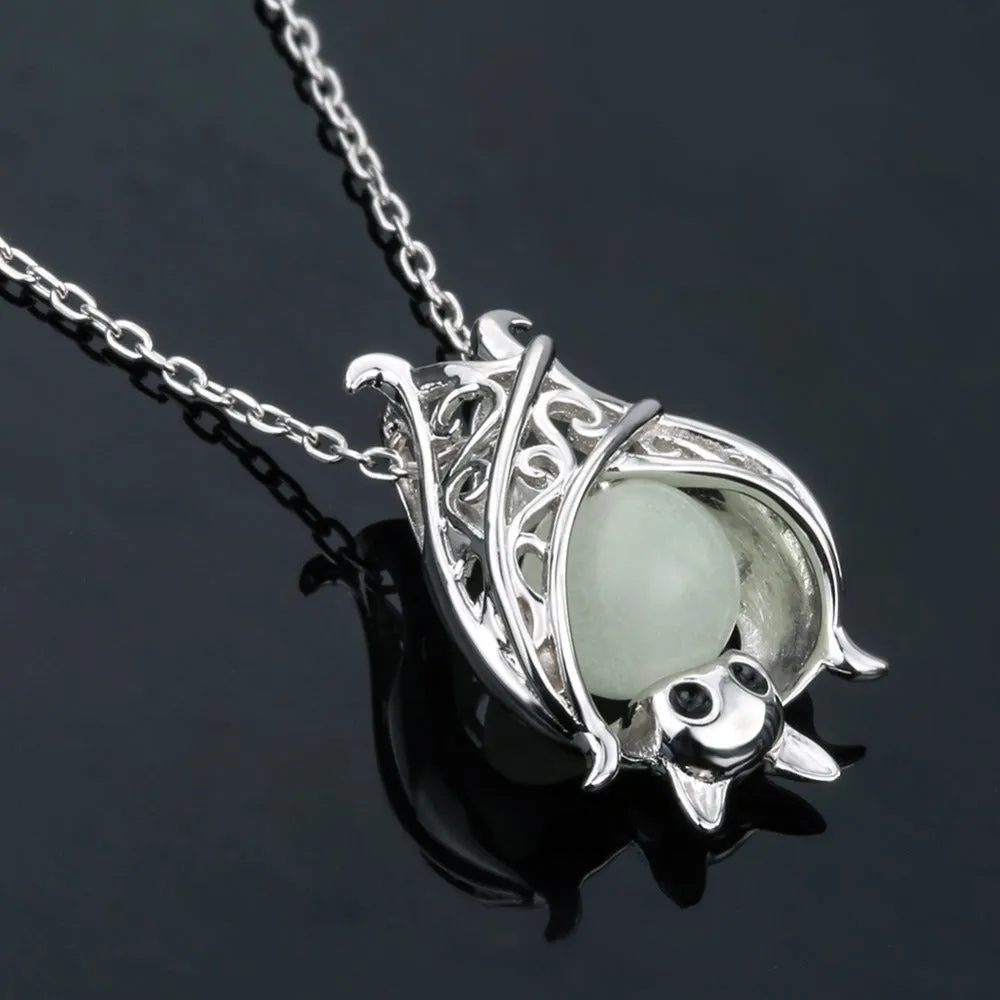 Glow in the Dark Bat Pendant Necklace Sterling Silver