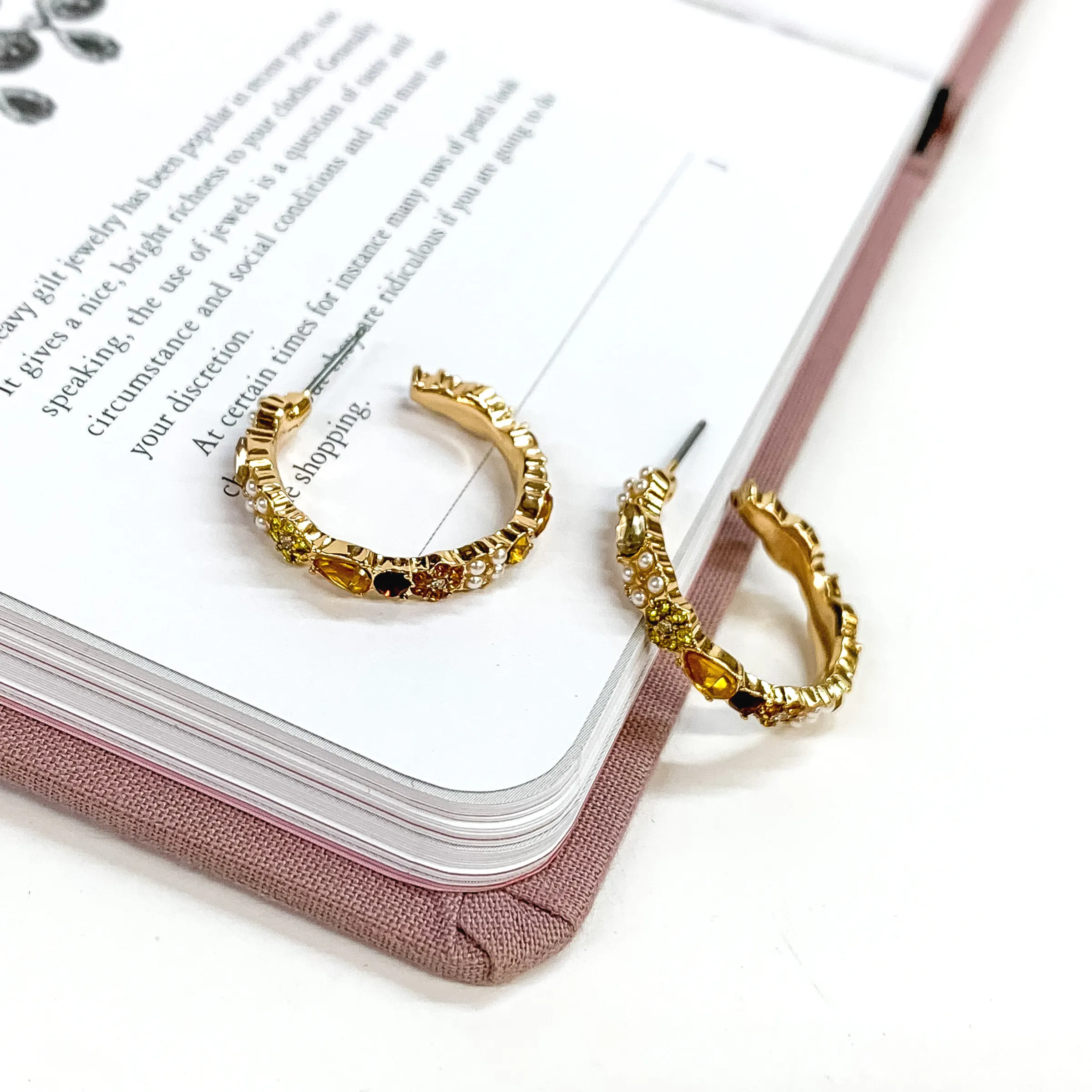 Gold Tone Hoop Earrings with Topaz Crystals