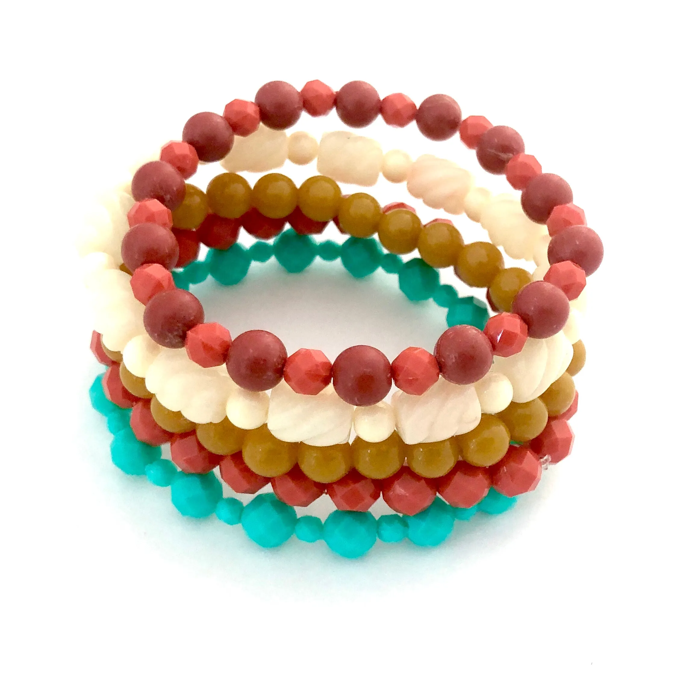 Golden Coral Red & Aqua Stack and Stretch Bracelet Set