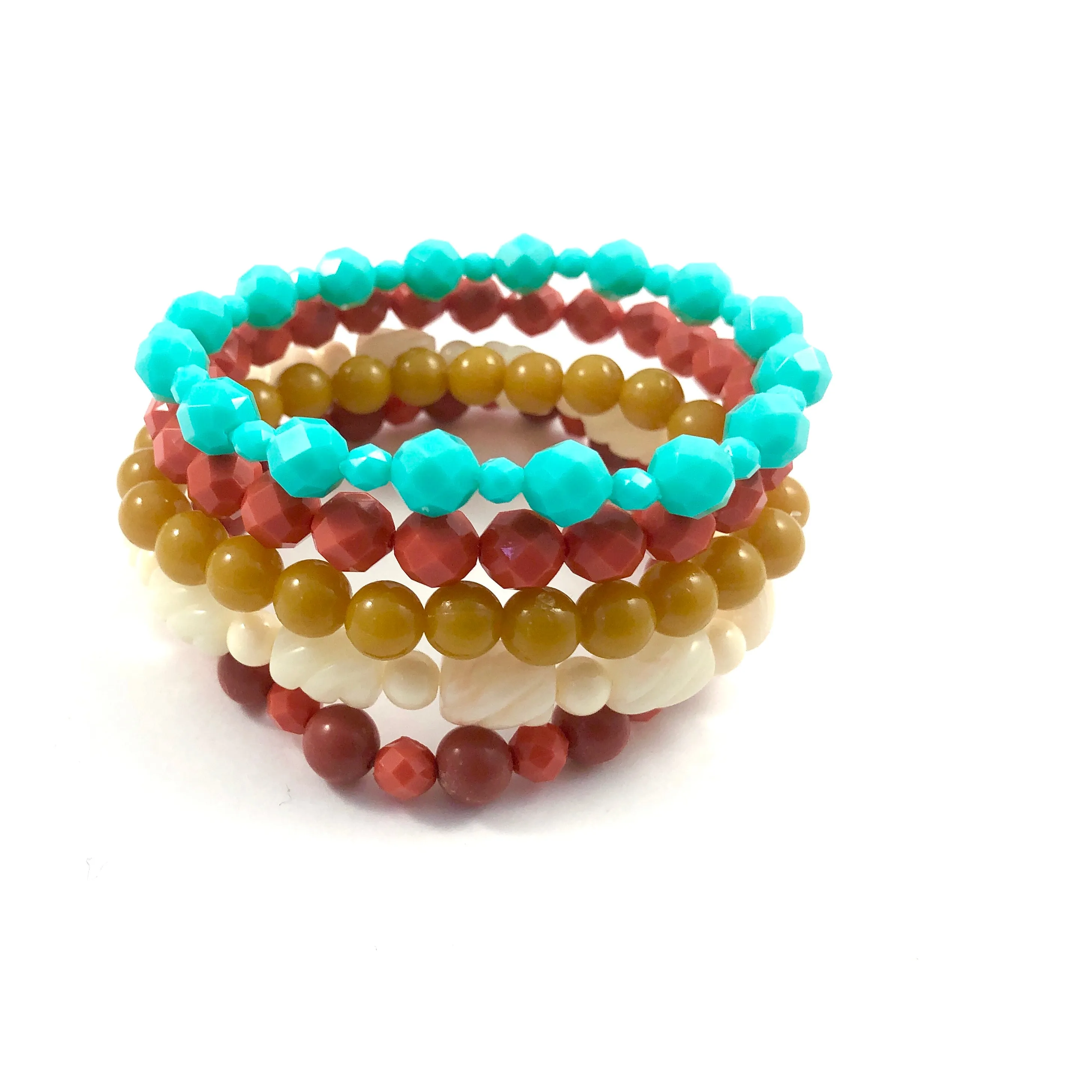 Golden Coral Red & Aqua Stack and Stretch Bracelet Set