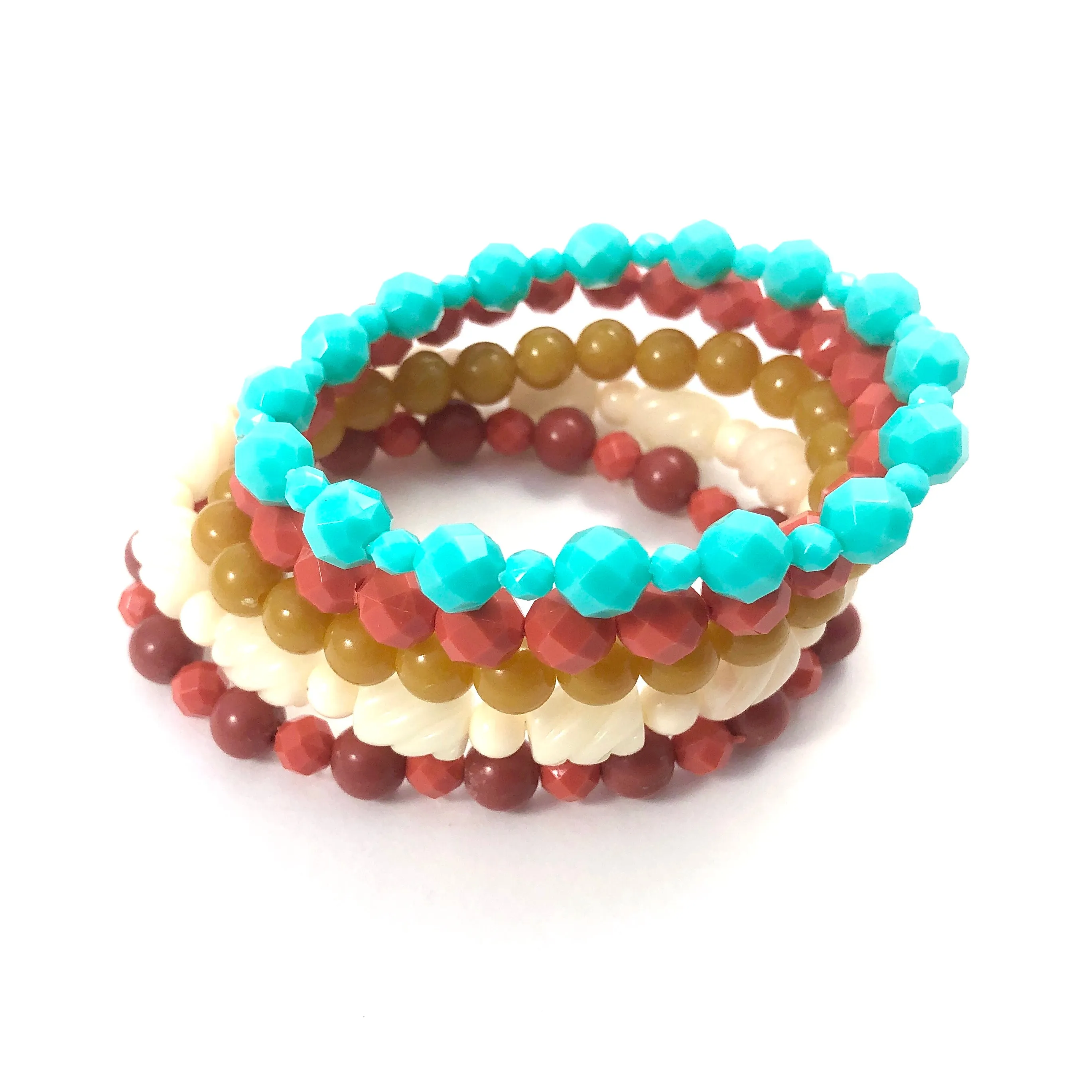 Golden Coral Red & Aqua Stack and Stretch Bracelet Set