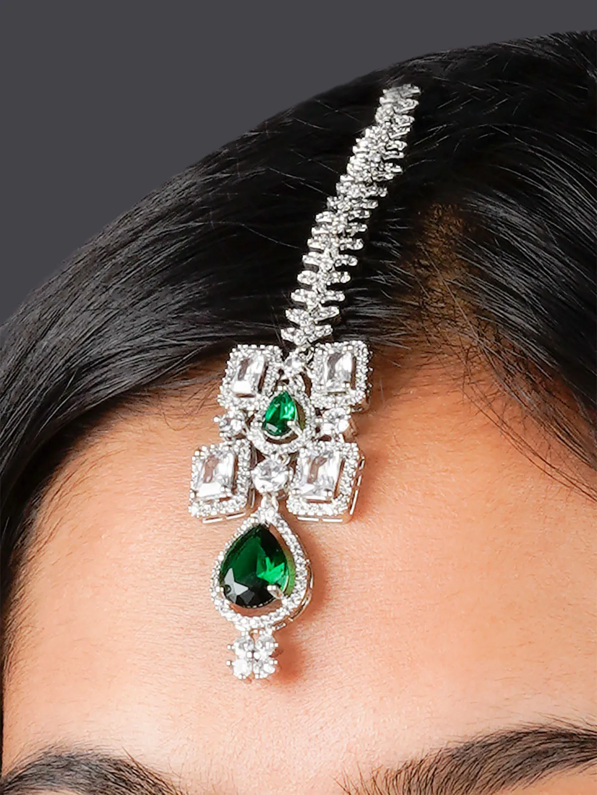 Green Color Silver Plated Faux Diamond Bridal Necklace Set - CZSET326GR