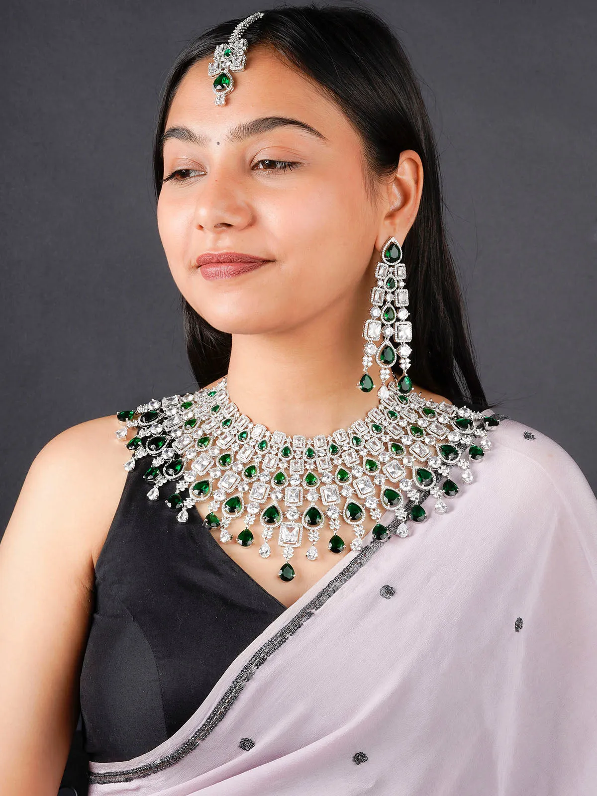 Green Color Silver Plated Faux Diamond Bridal Necklace Set - CZSET326GR