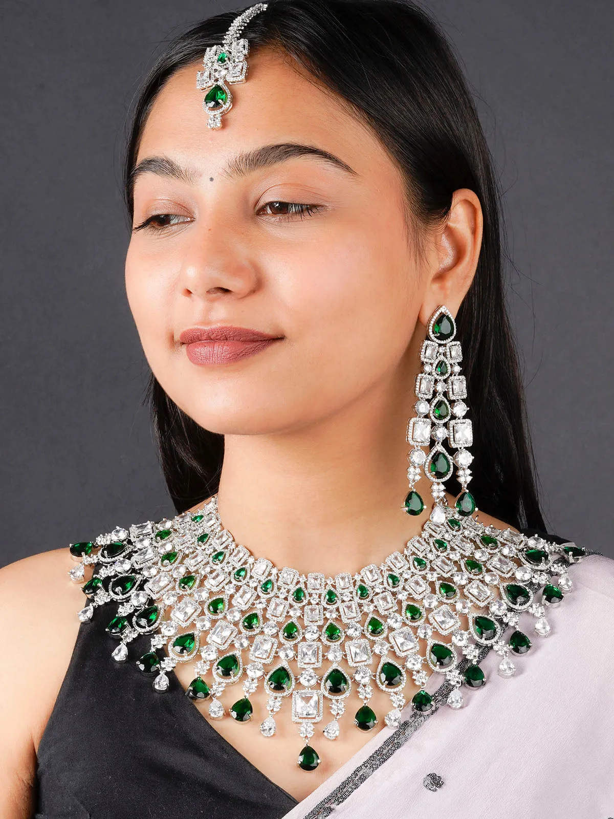 Green Color Silver Plated Faux Diamond Bridal Necklace Set - CZSET326GR