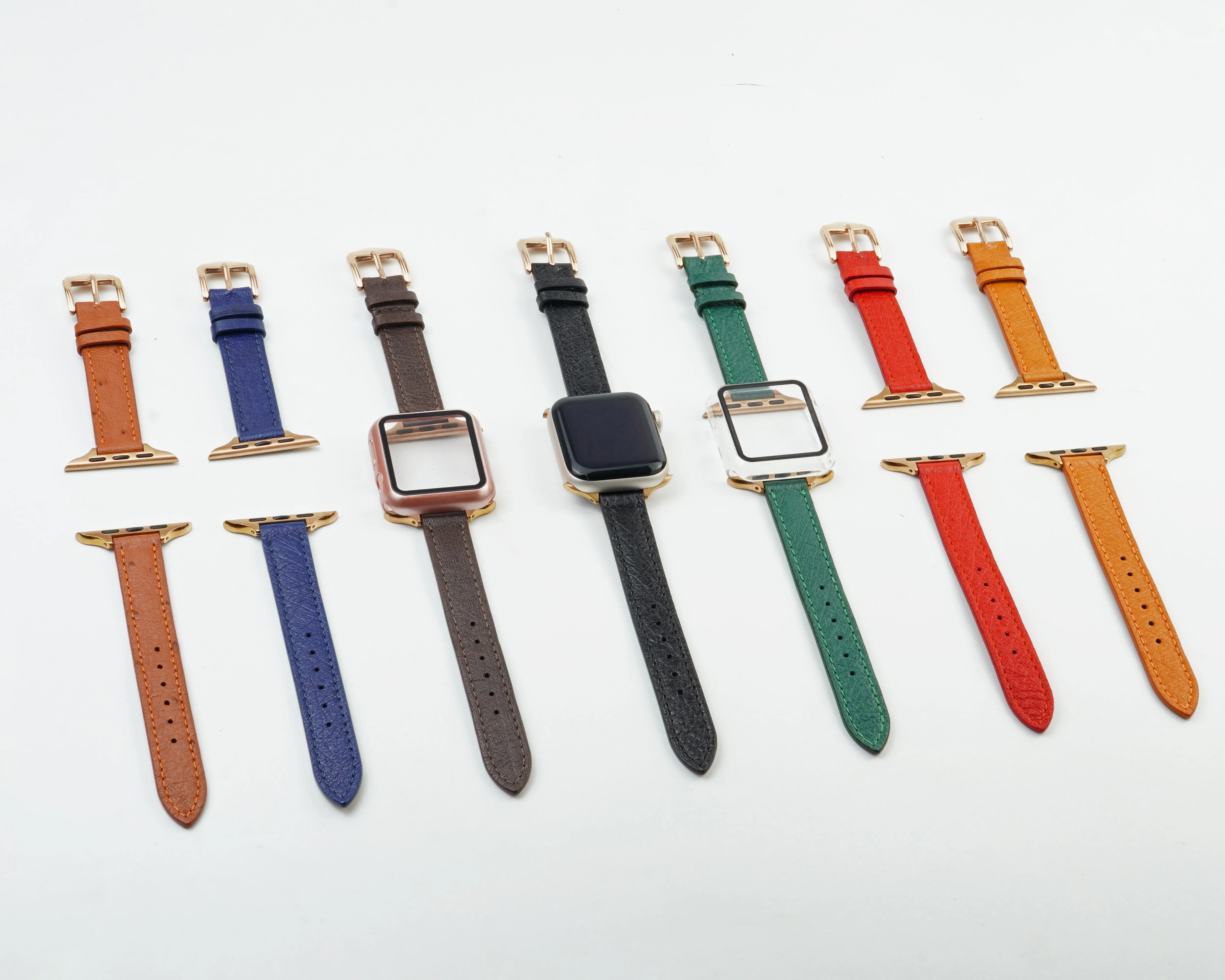 Green Flat Ostrich Leather Band Compatible Apple Watch Iwatch 40mm Screen Protector Case Gold Adapter Replacement Strap For Smartwatch Series 4 5 6 SE Leather Handmade AW-188G-W-40MM