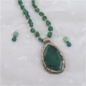 Green Turquoise Nugget &  Agate Pendant Necklace & Earrings