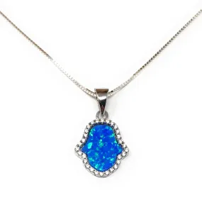 Hamsa Hand Necklace Opal Pendant Sterling Silver Chain Fatima CZ Stones