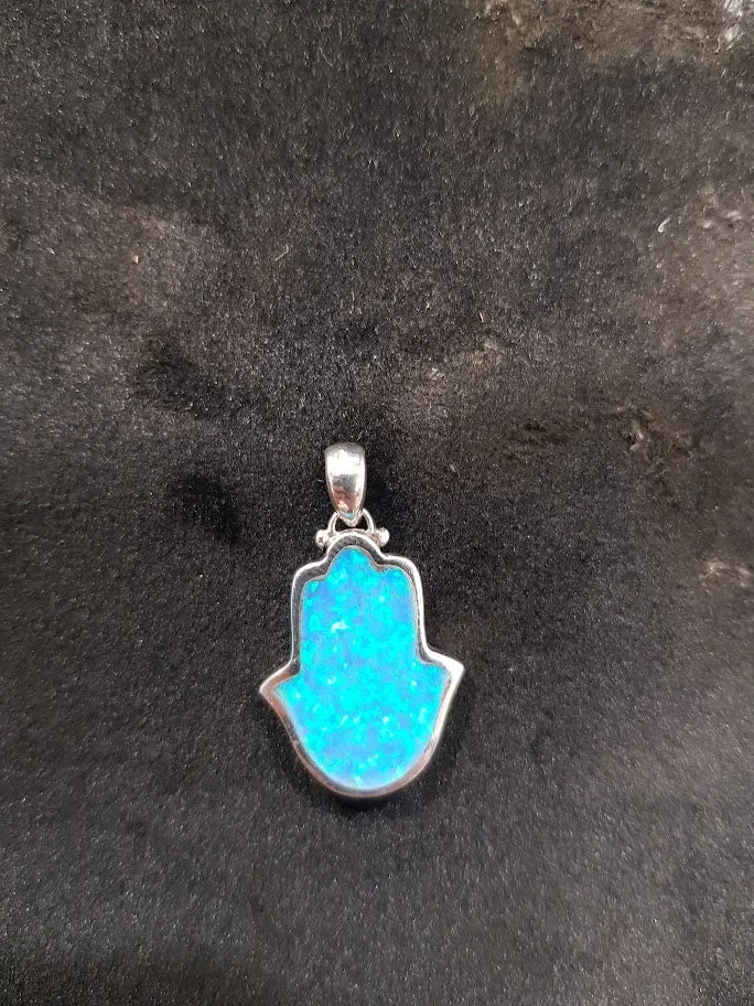 Hamsa Necklace Opal Blue Opal Hamsa Shema Sterling Silver Pendant