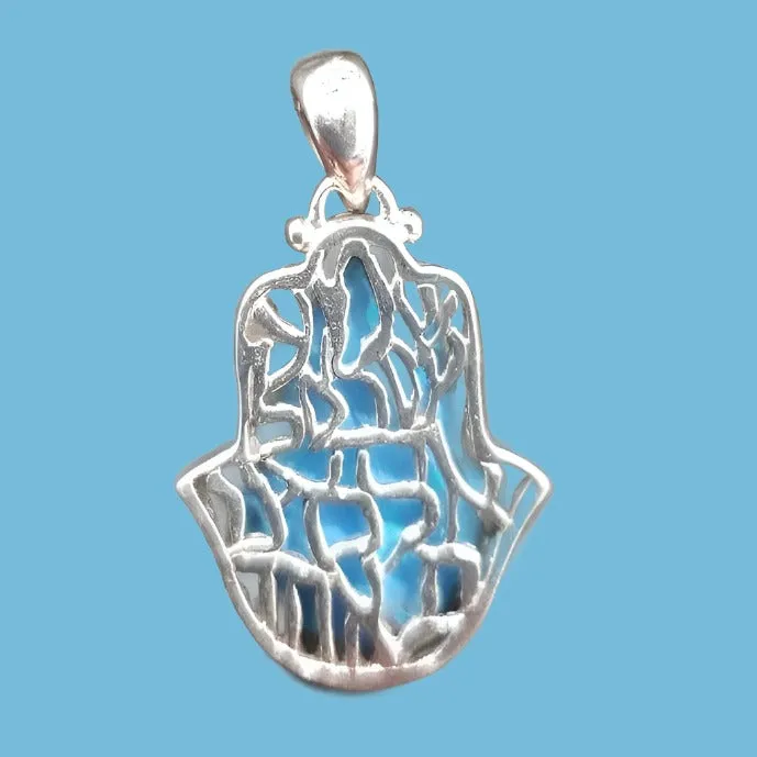 Hamsa Necklace Opal Blue Opal Hamsa Shema Sterling Silver Pendant