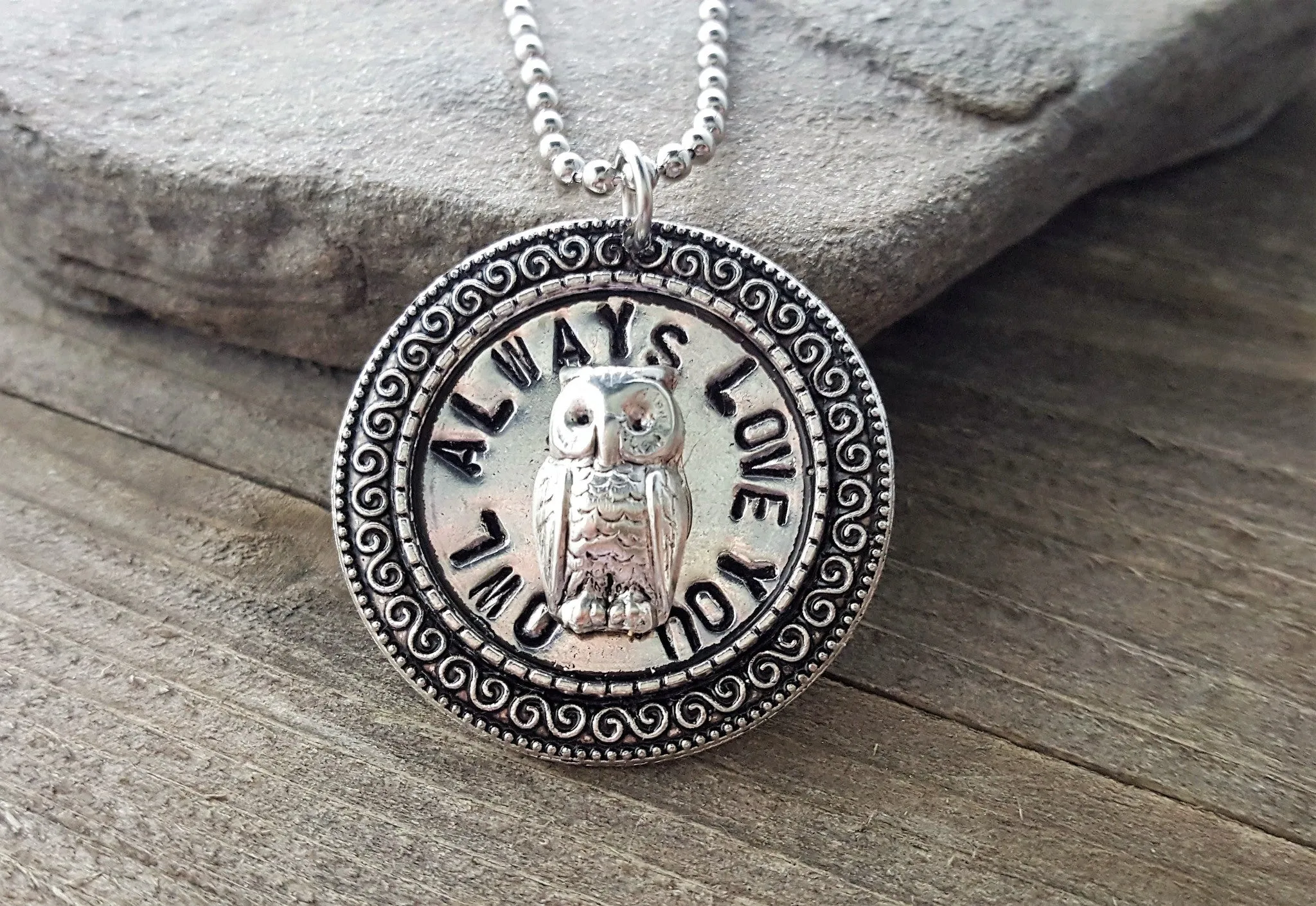 Handmade Hand Stamped Owl Always Love You Necklace