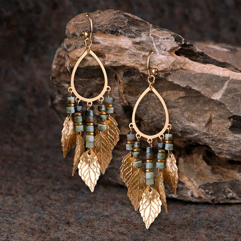 Handmade Natural Vintage Style Gold Leaf Tassel Earrings with African Turquoise