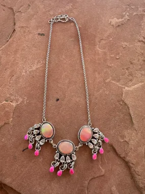 Handmade Pink Opal, Hot Pink Fire Opal & Sterling Silver Tassel Necklace