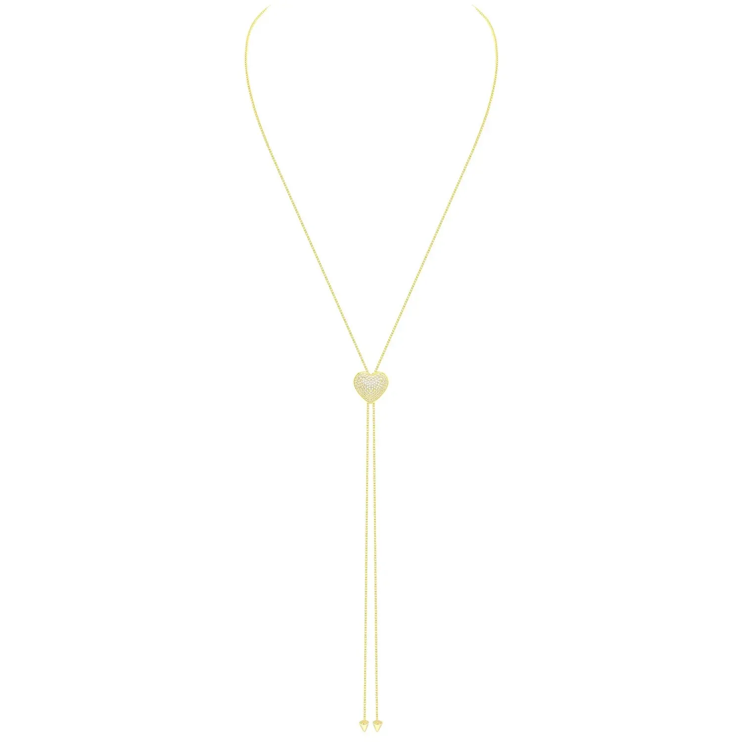 Heart Lariat Necklace 14k Gold Plated Pave Diamond CZ .925 Sterling Silver Adjustable Slide Necklace,