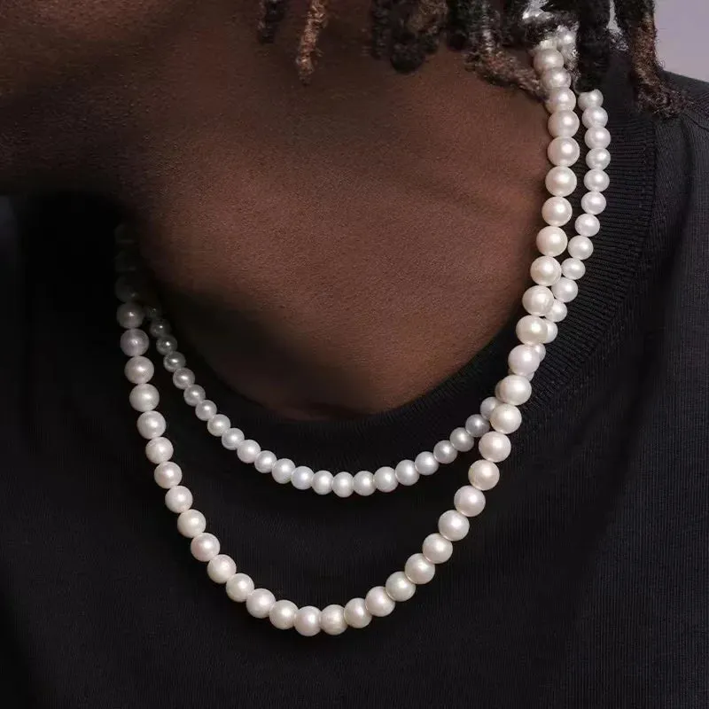 JC - Men's Pearl Necklace: Simple handmade bead strand, trendy jewelry for weddings and banquets