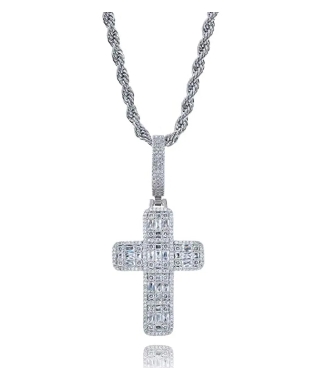 Jesus Cross Baguette Square Hip Hop Cross Diamond Pendant Men Cross Necklace Silver Face 24in