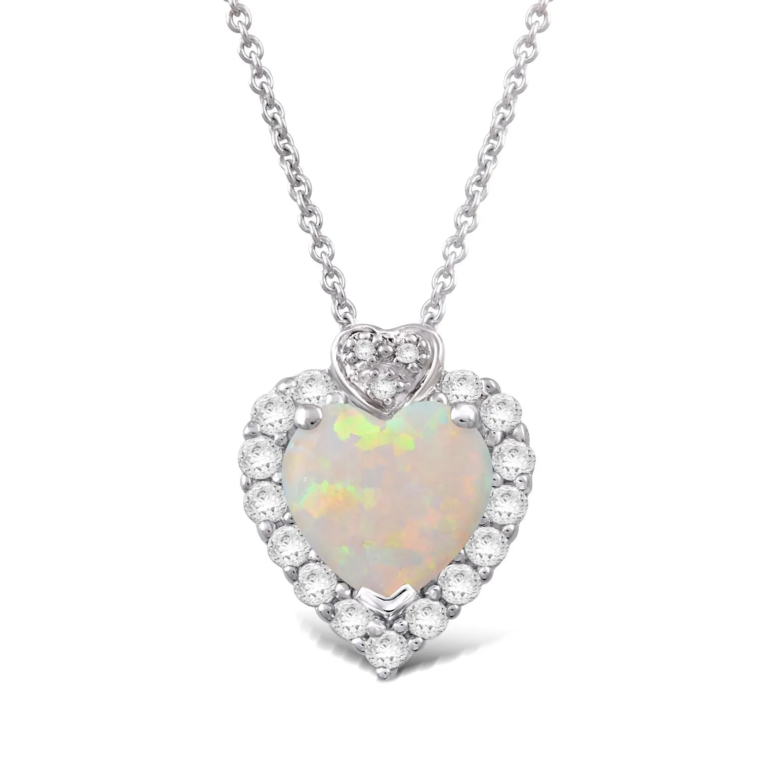 Jewelili Sterling Silver Heart Created Opal with Round Created White Sapphire and Diamonds Pendant Necklace