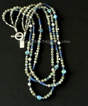 Labradorite and Indonesian Glass 3-Strand Necklace with Fire Polished Glass, Iridescent Blue Glass Rounds, and Sterling Silver Beads and Charms