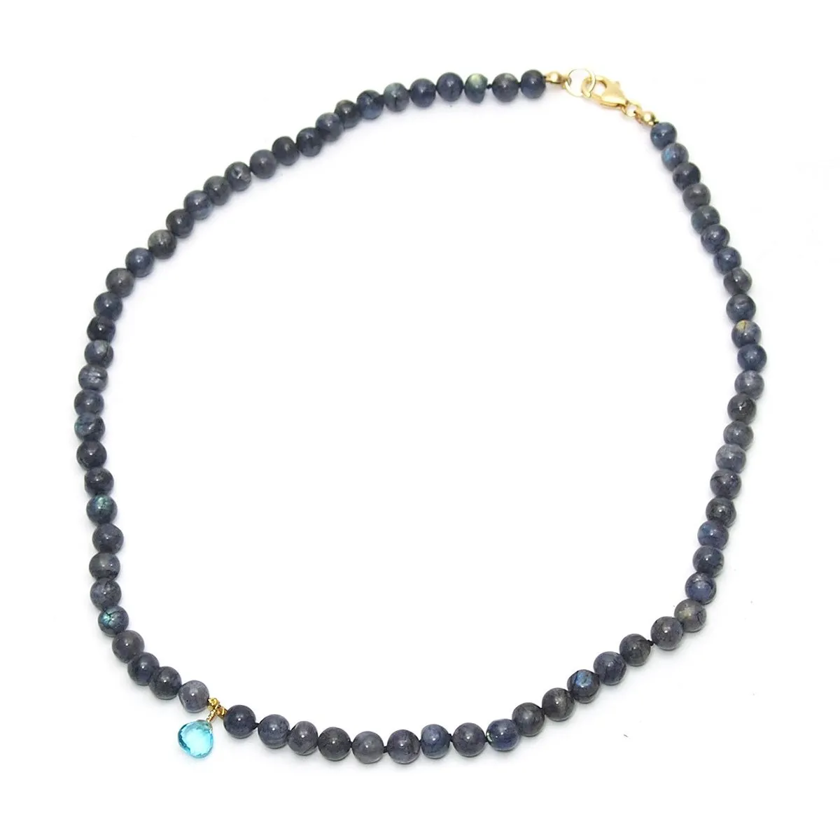 Labradorite Knotted Necklace and Blue Topaz Drop with Gold Filled Trigger Clasp