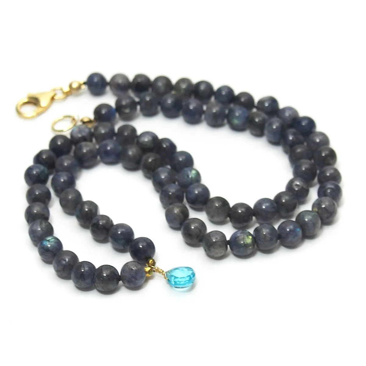 Labradorite Knotted Necklace and Blue Topaz Drop with Gold Filled Trigger Clasp