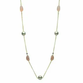 LARGE 14.32CT AAA WHITE TOPAZ ROSE QUARTZ & PEARL 14KT YELLOW GOLD LEAF NECKLACE