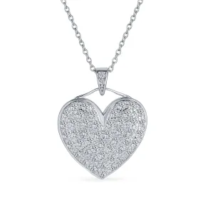 Large Heart Cubic Zirconia CZ Puff Pendant Necklace Sterling Silver