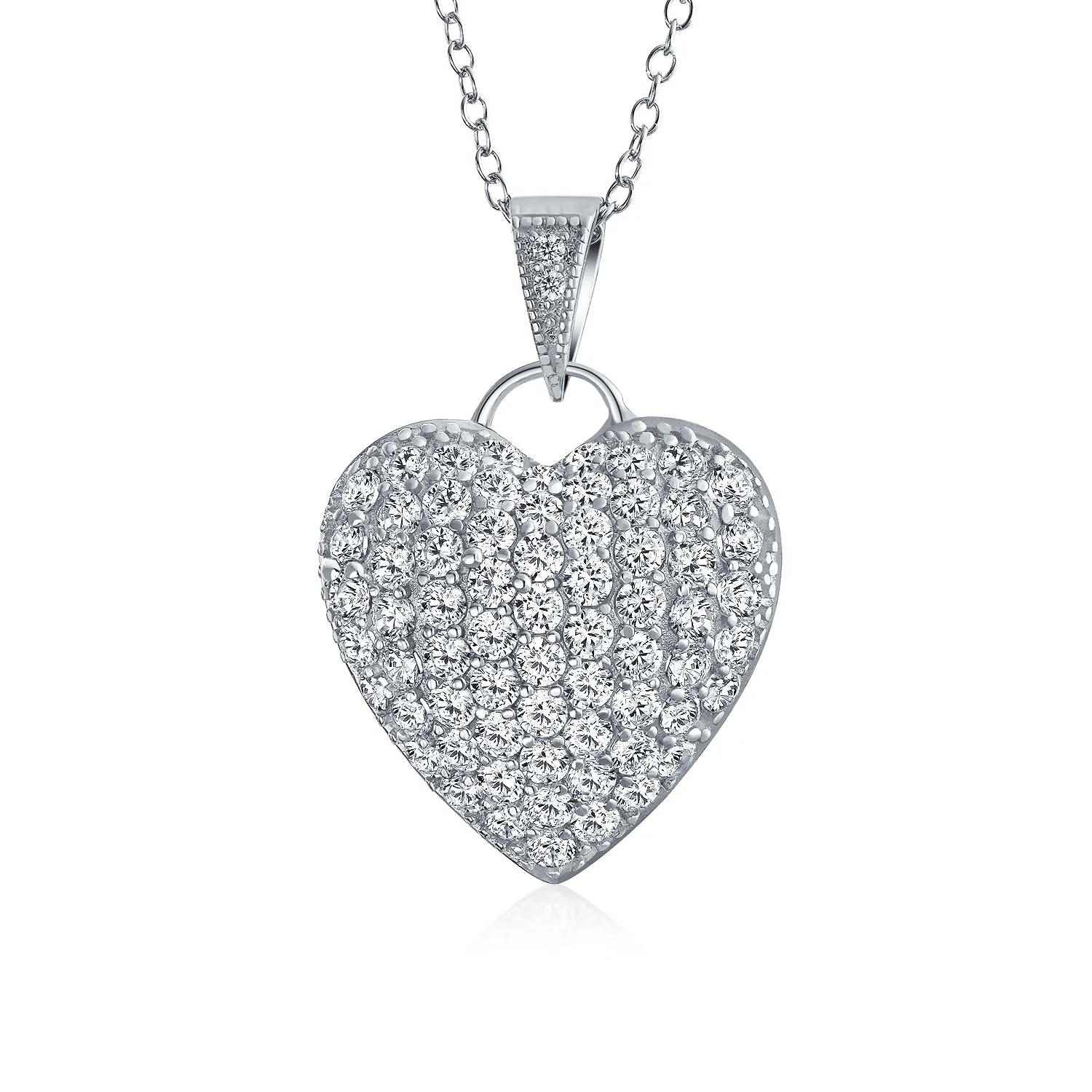 Large Heart Cubic Zirconia CZ Puff Pendant Necklace Sterling Silver