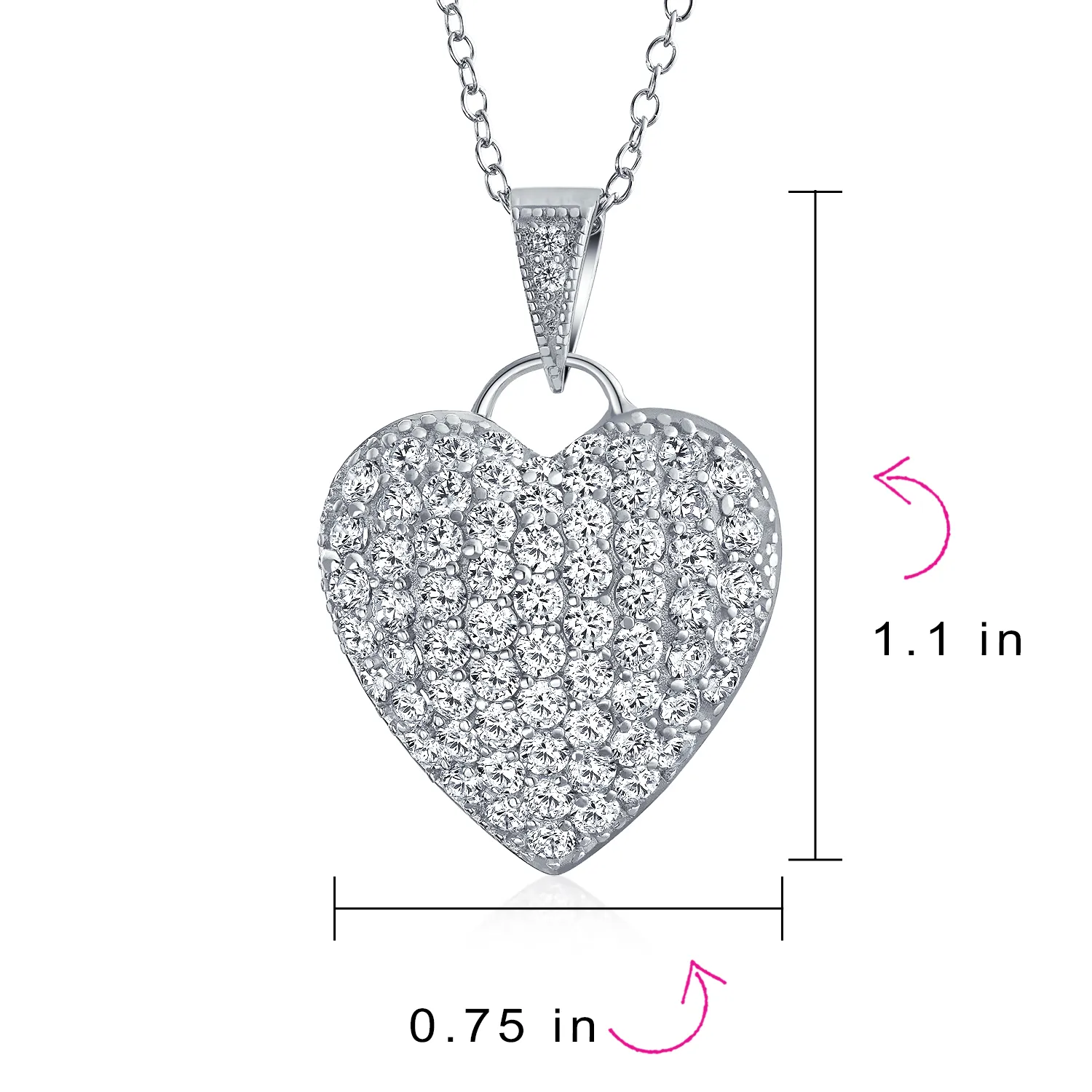 Large Heart Cubic Zirconia CZ Puff Pendant Necklace Sterling Silver