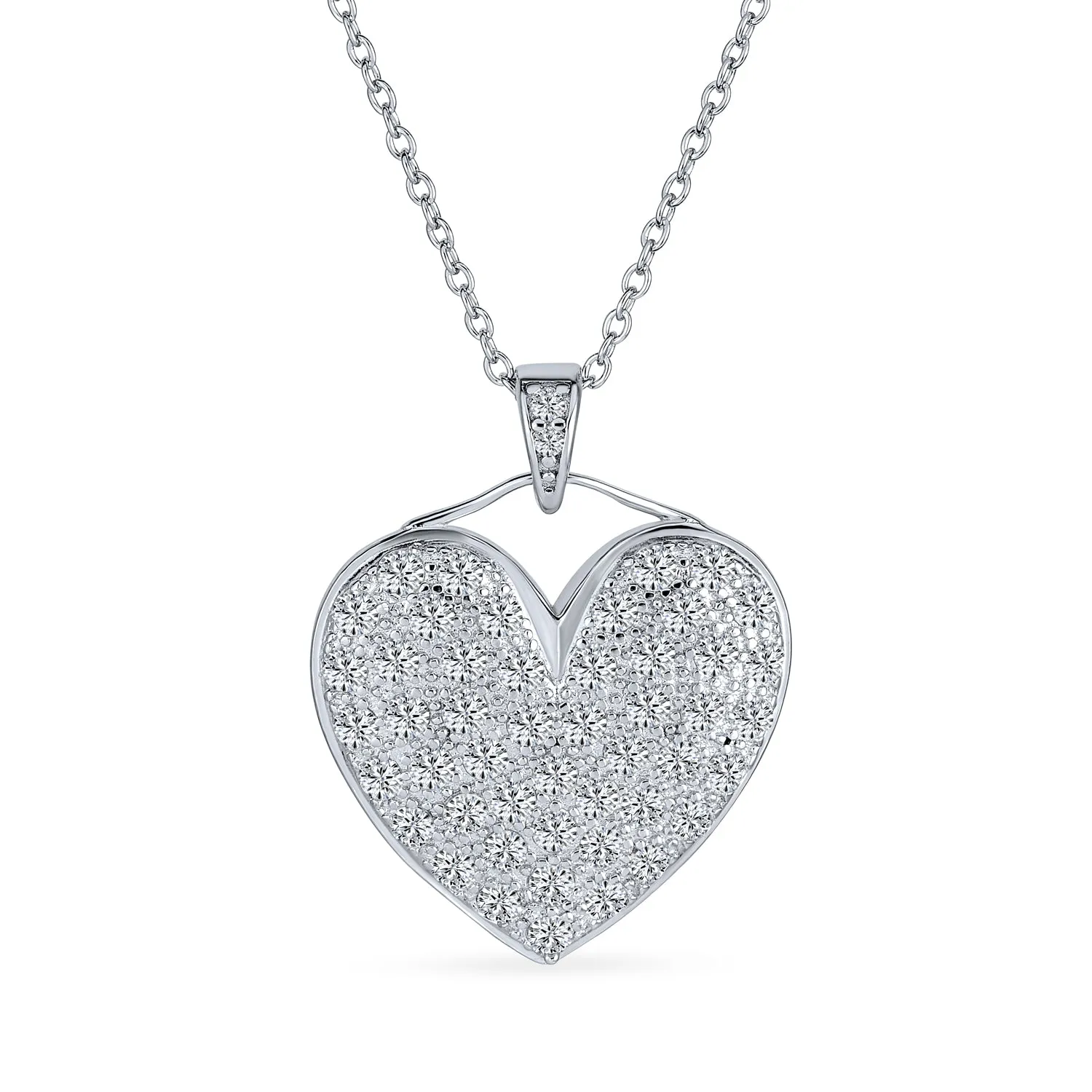 Large Heart Cubic Zirconia CZ Puff Pendant Necklace Sterling Silver