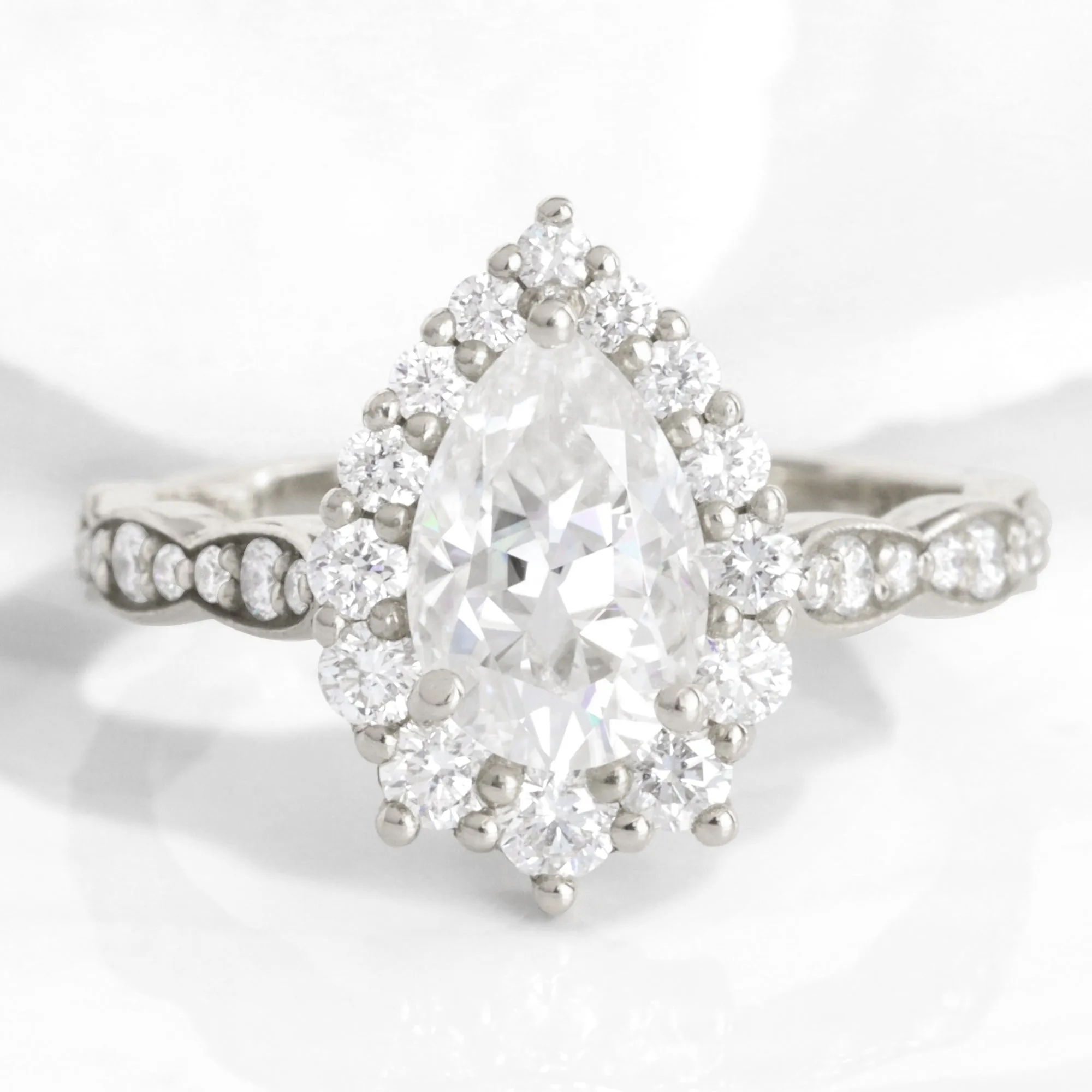 Large Pear Moissanite Engagement Ring in Tiara Halo Diamond Scalloped Band