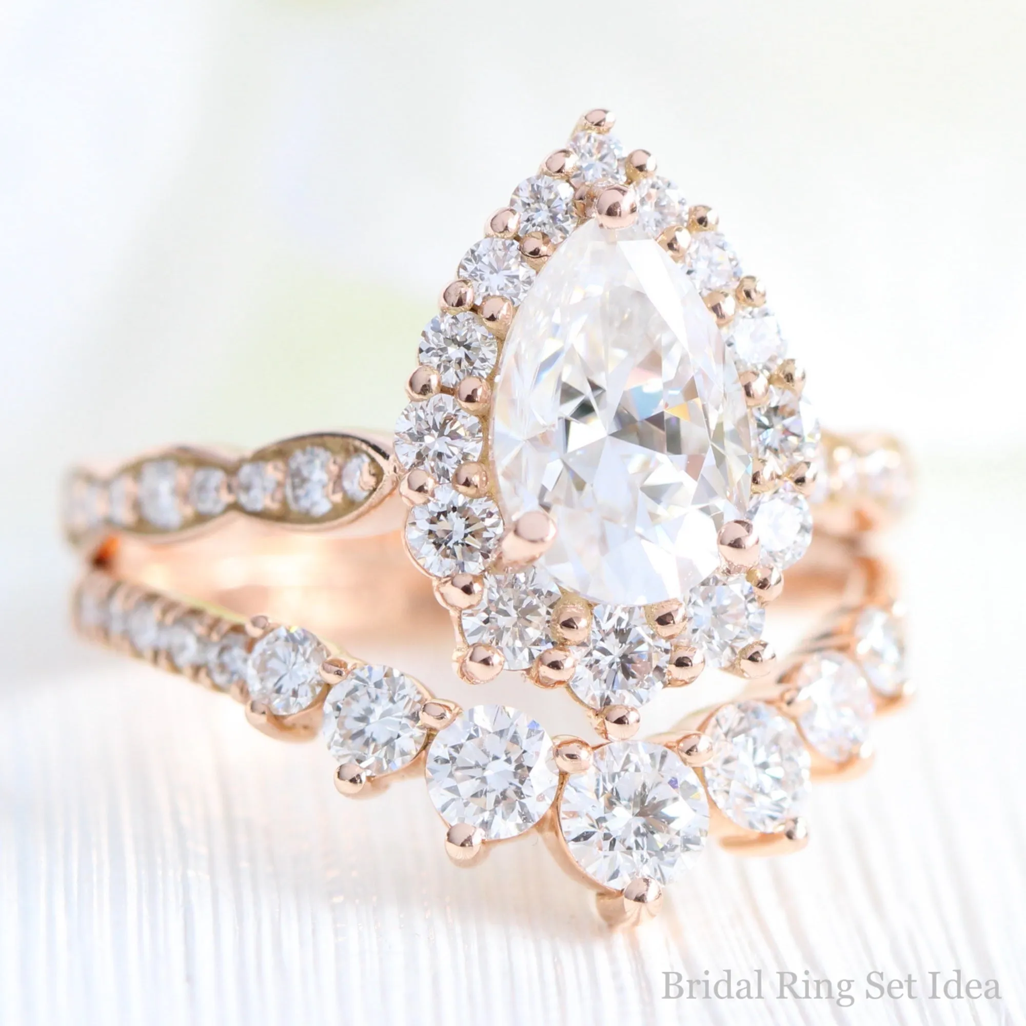 Large Pear Moissanite Engagement Ring in Tiara Halo Diamond Scalloped Band