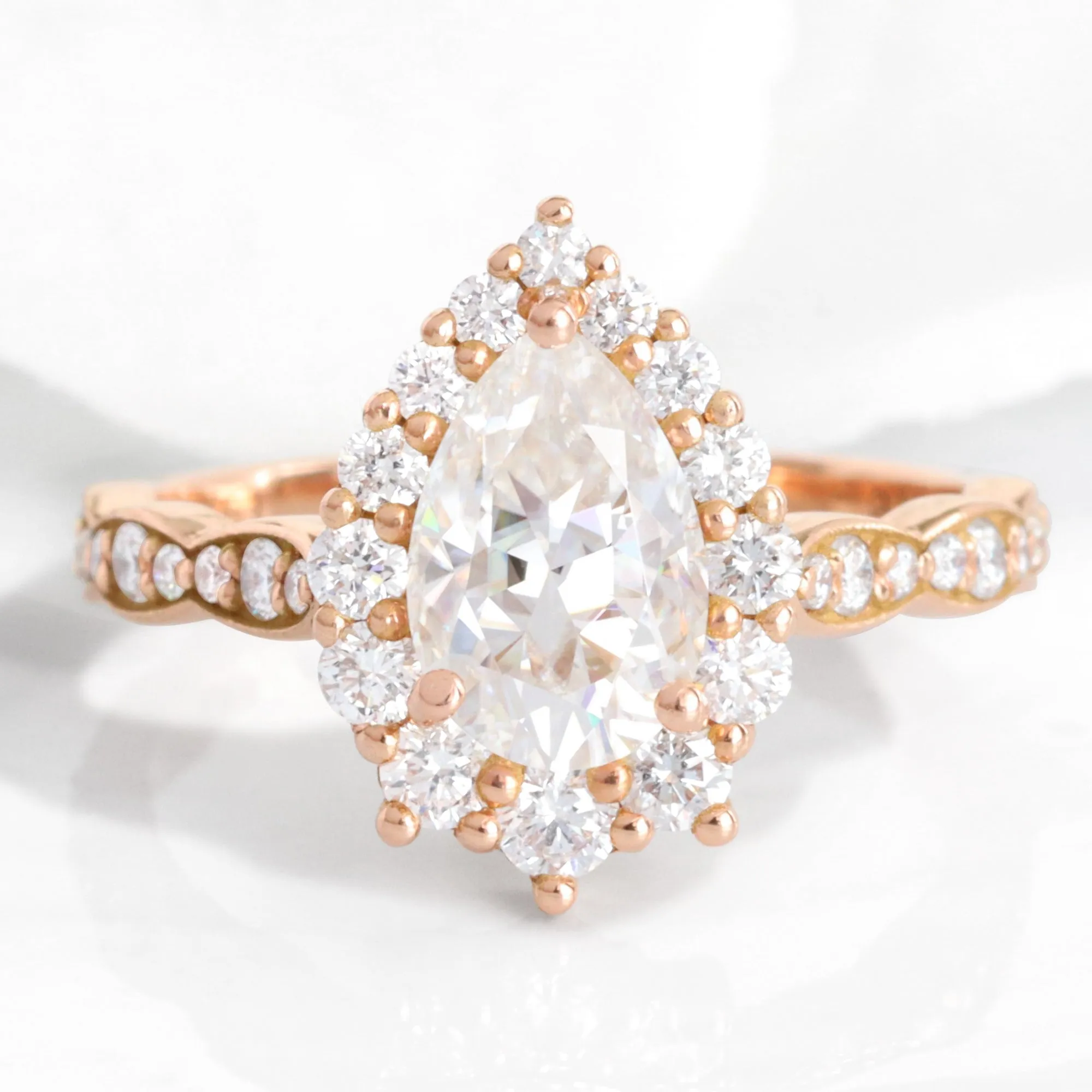 Large Pear Moissanite Engagement Ring in Tiara Halo Diamond Scalloped Band