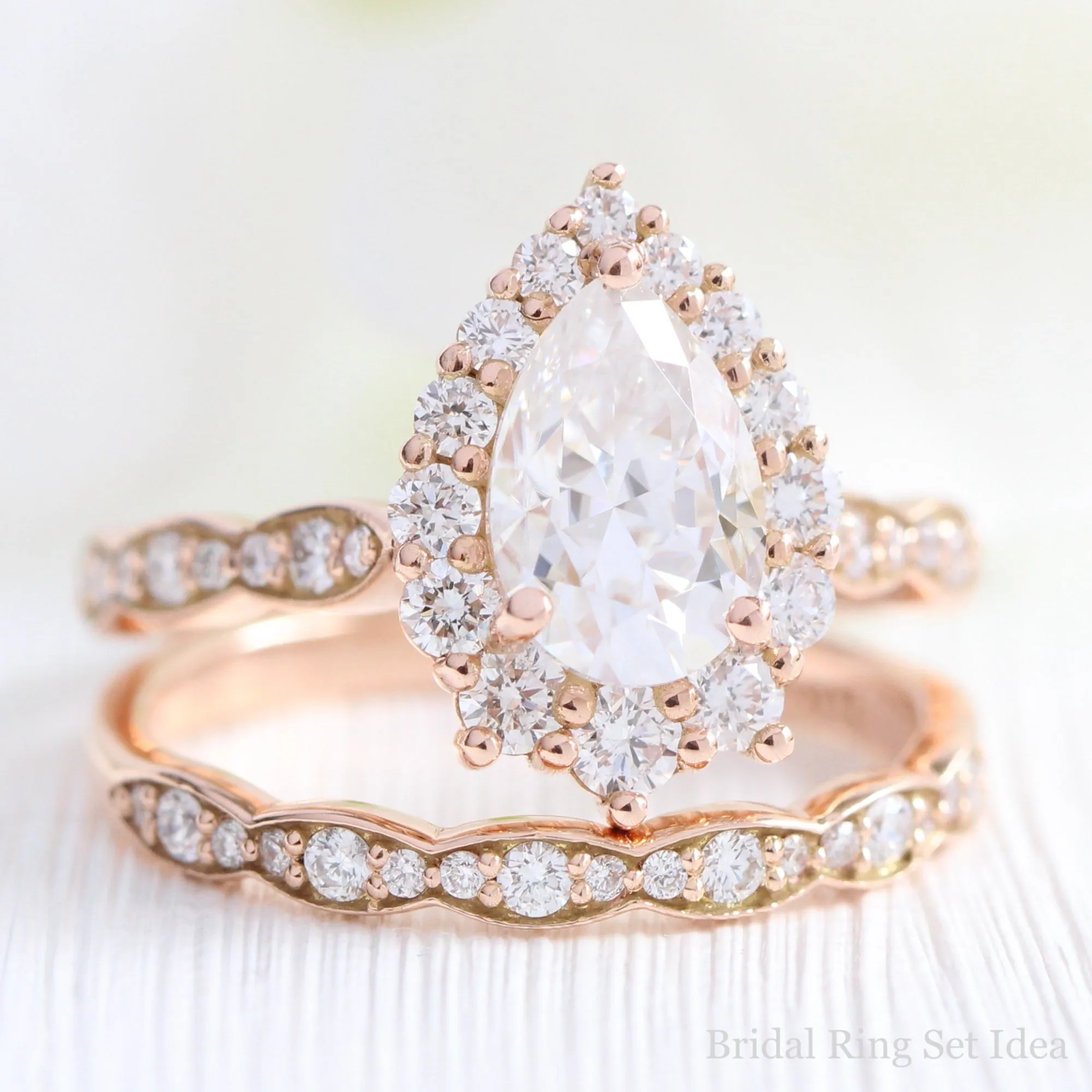 Large Pear Moissanite Engagement Ring in Tiara Halo Diamond Scalloped Band