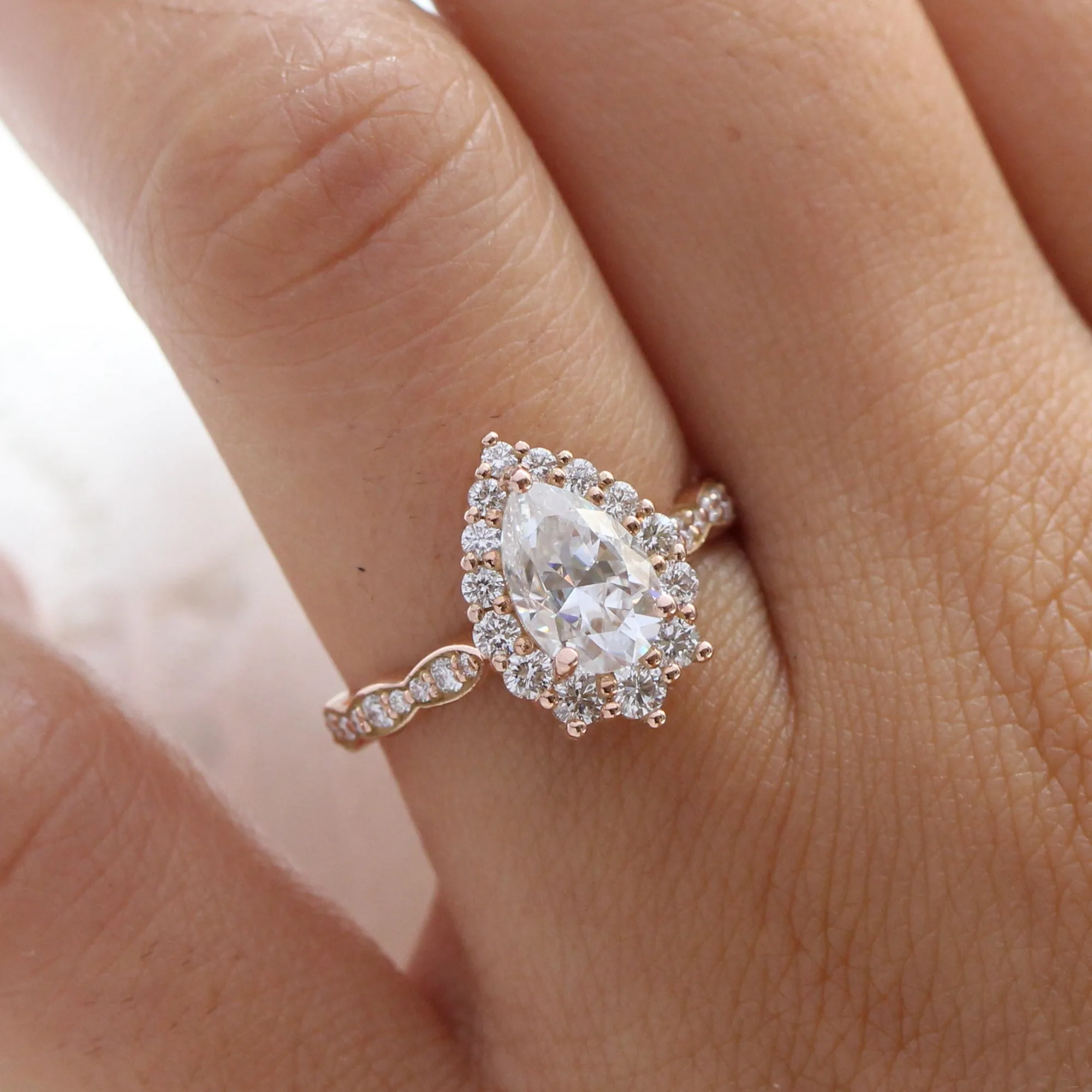 Large Pear Moissanite Engagement Ring in Tiara Halo Diamond Scalloped Band