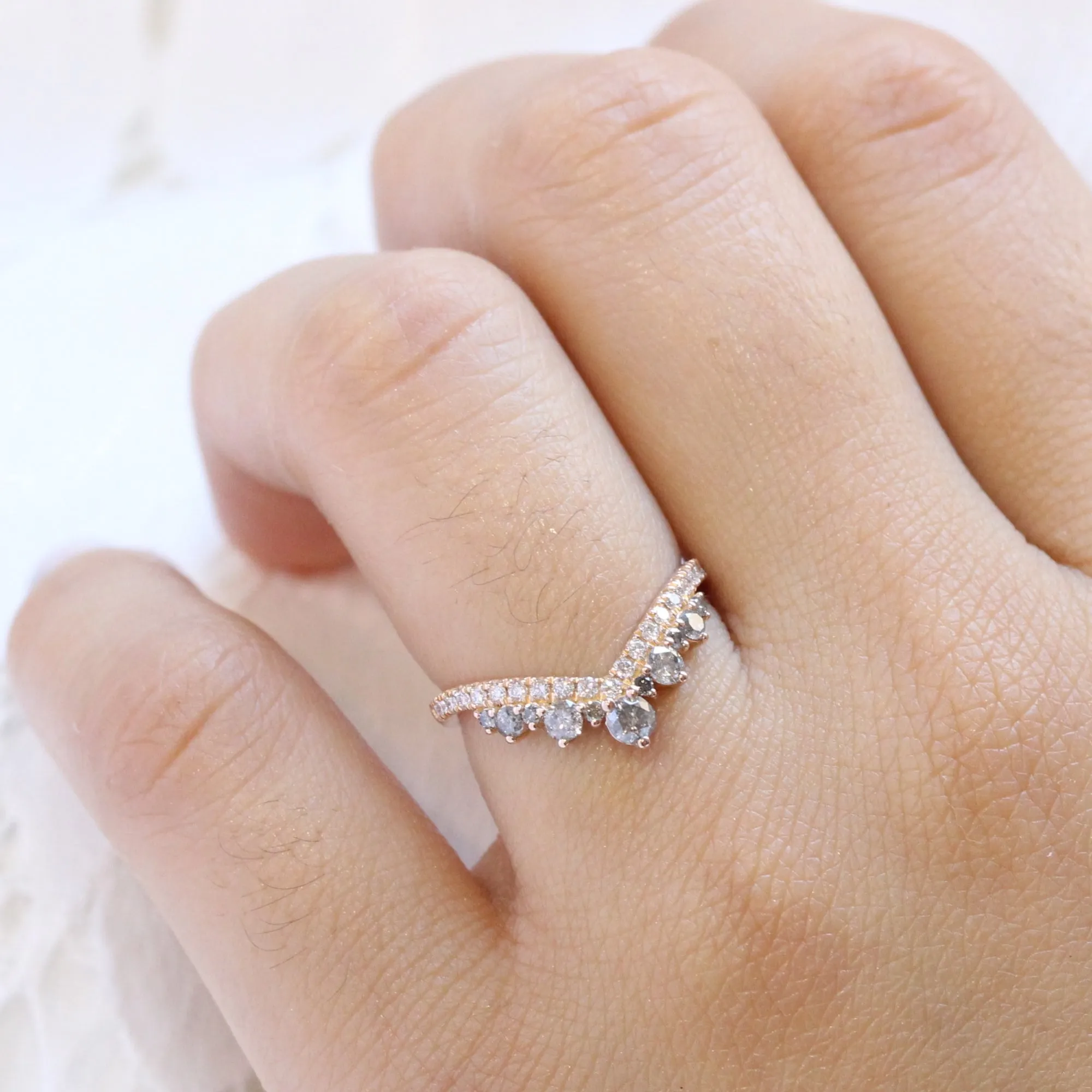 Large Salt and Pepper Diamond Ring in Deep V Shaped Tiara Wedding Band