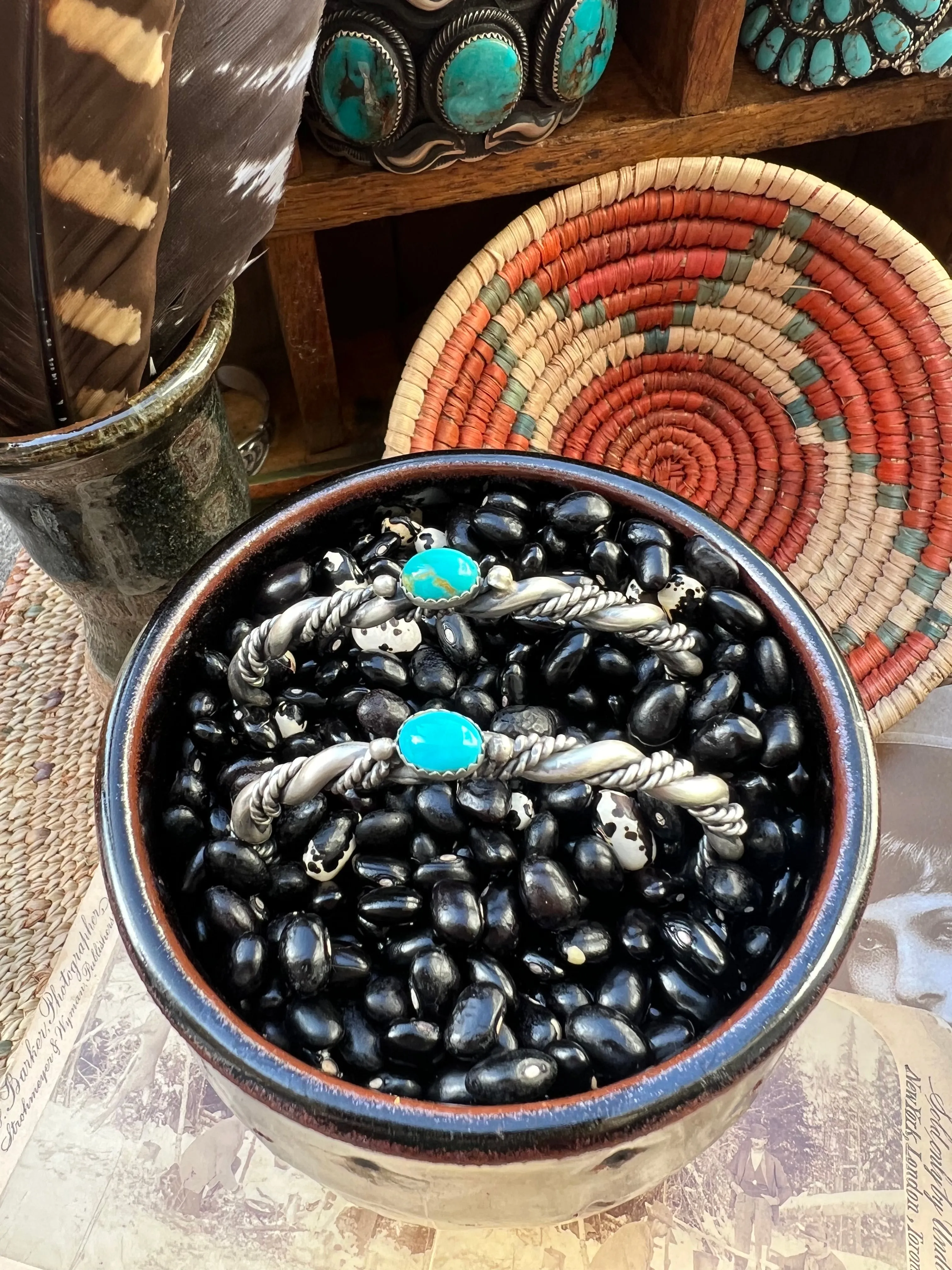 Large Thick Rope Twist Stacker Cuff with Turquoise