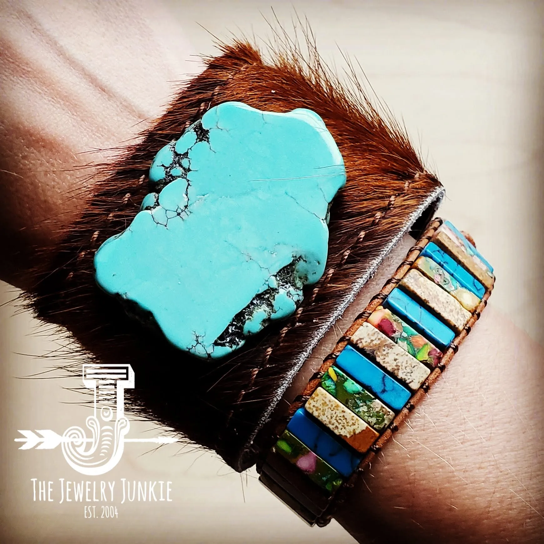 **Leather Cuff w/ Leather Tie-Dark Brown Hide and Turquoise Slab (011p)