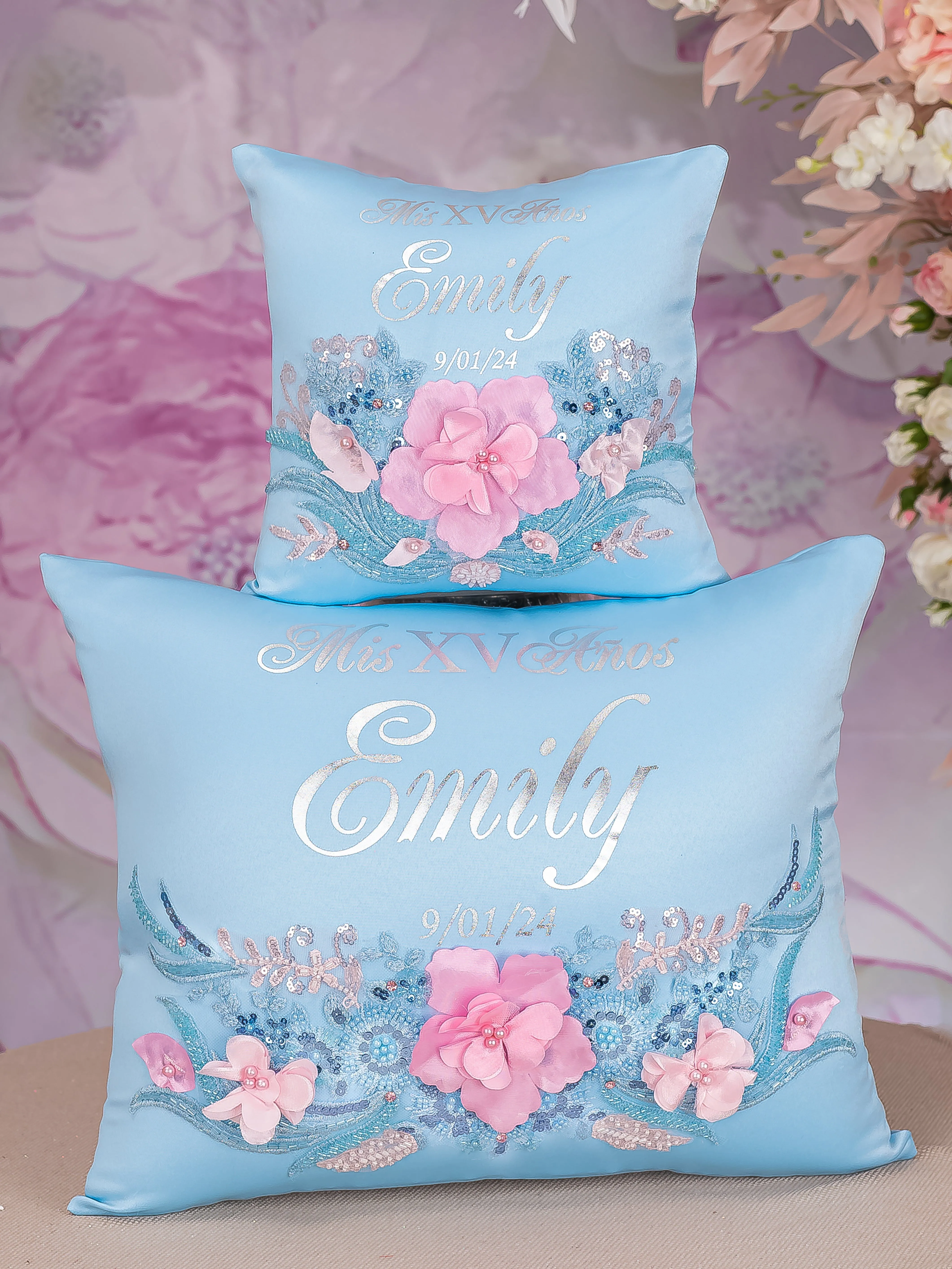 Light Blue with Pink Quinceanera pillows set and Kitty