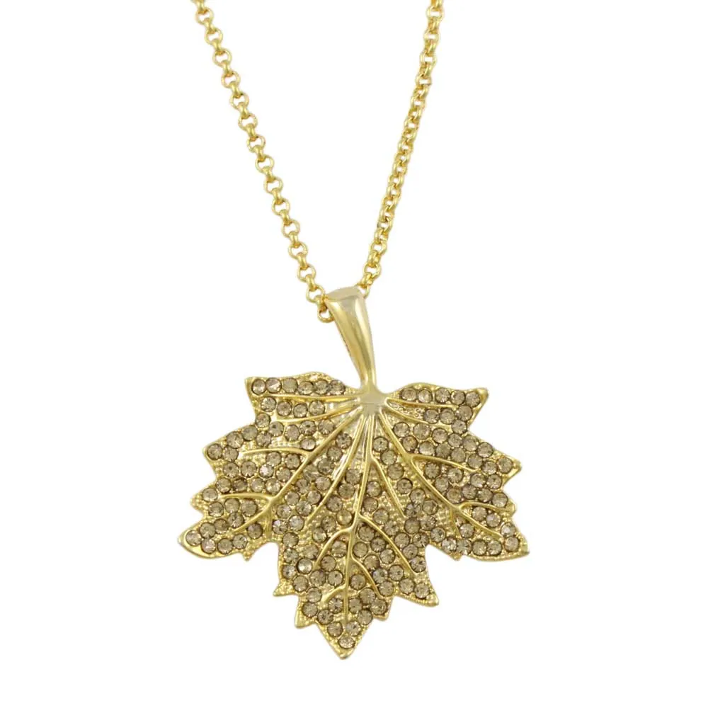 Light Topaz Crystal Maple Leaf Pendant on Gold-tone Chain - PT412