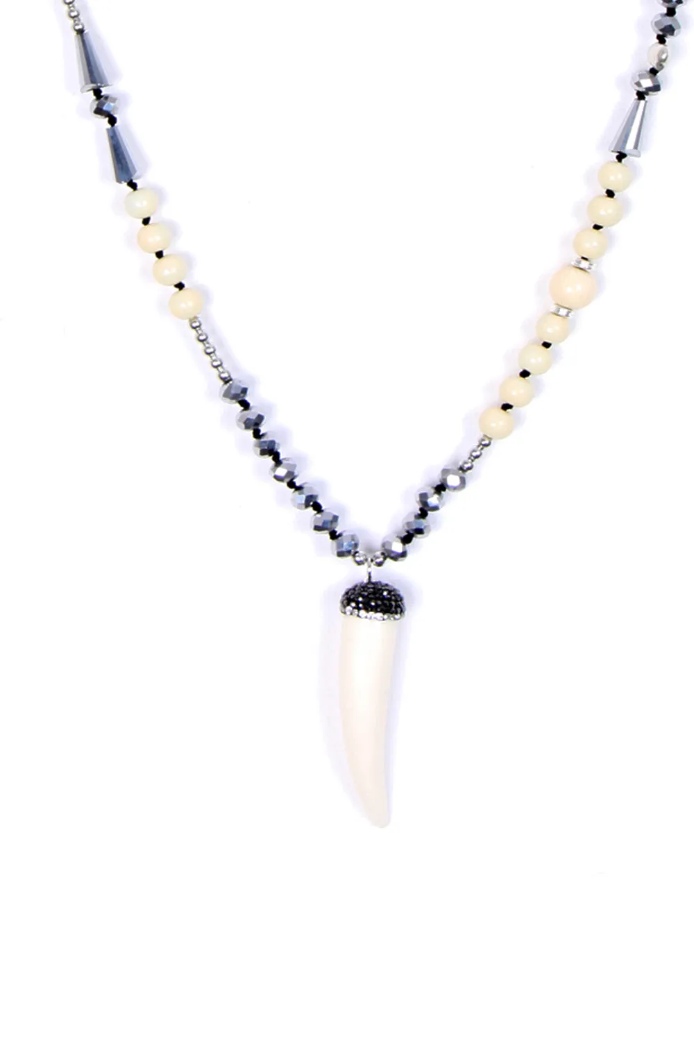 Long Ivory Beads Chain Necklace with Horn Pendant