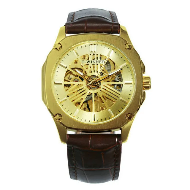 Luxury Brand mens Watches Automatic Skeleton Mechanical Genuine Leather Strap WINNER Wristwatch